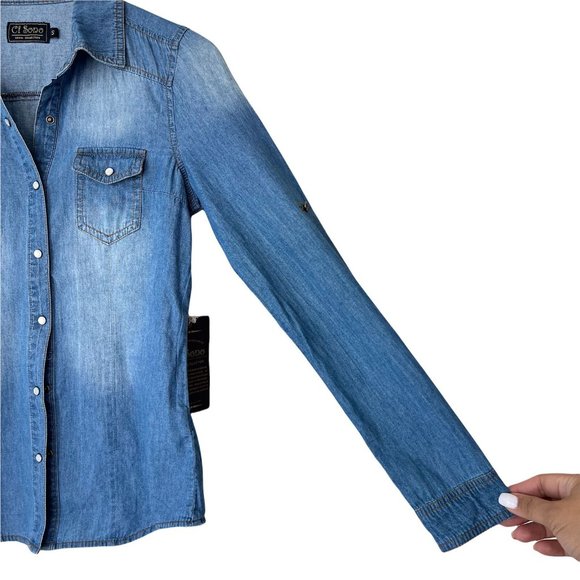Ci Sono Womens Blue Dark Wash Long Sleeve Collared  Denim Button Up Shirt Size S - Picture 7 of 12